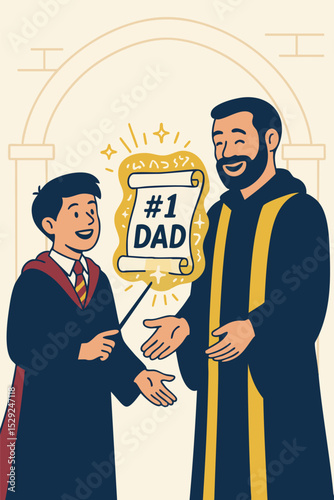 illustration of a teenage sorcerer in a school uniform presenting a glowing spell-inscribed “#1 Dad”