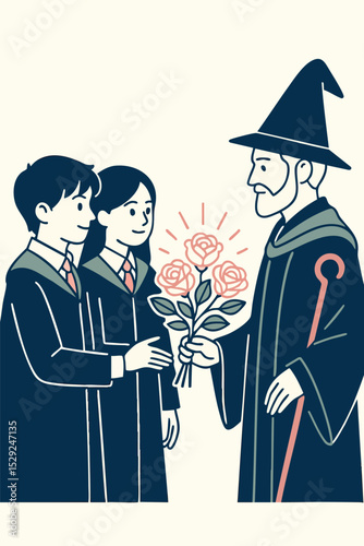 two teenage sorcerers in crisp uniforms handing their father
