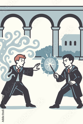 illustration of two teenage sorcerers dueling in a campus courtyard