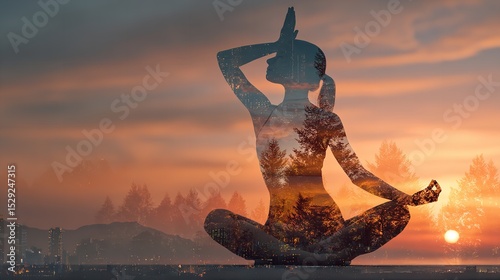 Woman Silhouette Peaceful Yoga Pose Cityscape Sunset Meditation Tranquil Serene Nature Harmony      