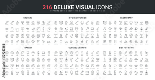 Bakery, grocery food and diet, restaurant chef tools, nutrition line icon set. Kitchen utensils, recipe for cooking and baking, online delivery service thin black outline symbols vector illustration