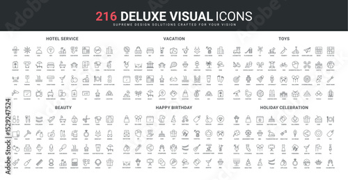 Birthday party and happy holidays celebration, beauty cosmetics and makeup line icon set. Toys and puzzle games for kids, travel and beach vacation thin black outline symbols vector illustration