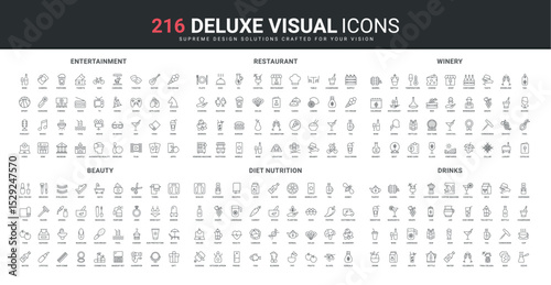 Healthy diet, food and drinks for beauty and health of body line icon set. Winery products, restaurant and bar, fast food city delivery and entertainment thin black outline symbols vector illustration