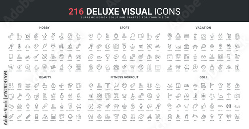 Beauty skin care and hygiene, travel vacation, sports and active games line icon set. Fitness training and golf club, athletes and players equipment thin black outline symbols vector illustration