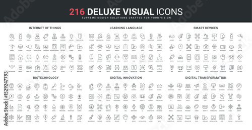 Smart devices, Internet of Things, digital innovation and transformation of system, blockchain and analytics line icon set. Language learning, translation thin black outline symbol vector illustration