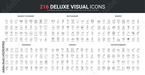 Entertainment, restaurant order, menu and payment, wine and drinks line icon set. Business startup process and communications, market economy trends thin black outline symbols vector illustration