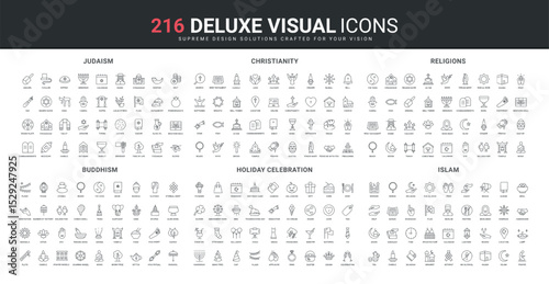 Judaism and Christianity, Islam and Buddhism, worship and world religion line icon set. Food and religious elements for celebration of public holidays thin black outline symbols vector illustration