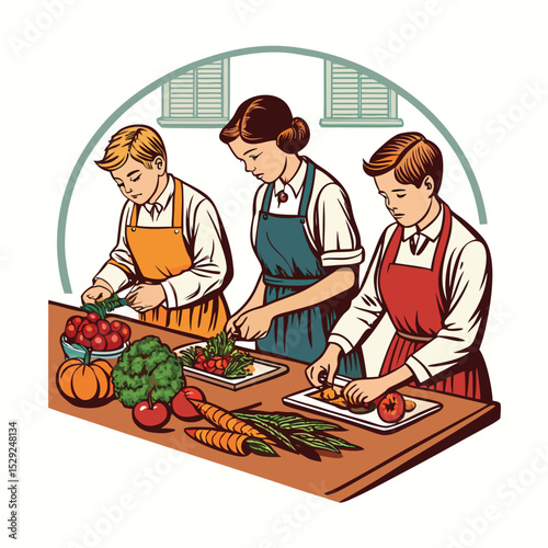 A vintage kitchen scene depicting students in aprons diligently chopping vegetables during a cooking class.  Focus on the retro kitchen setting and the students' focused expressions.