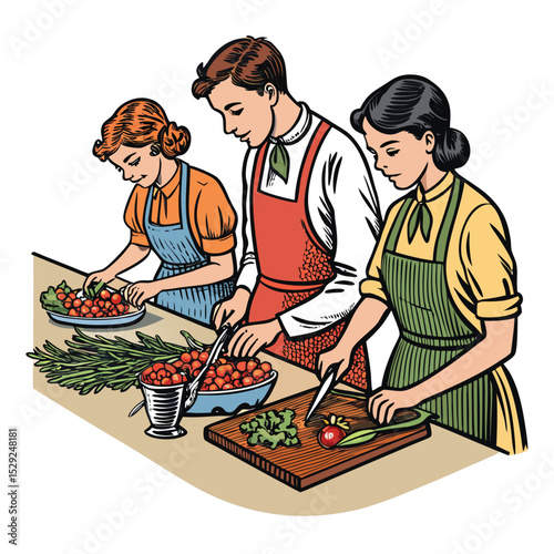 A vintage kitchen scene depicting students wearing aprons diligently chopping vegetables during a cooking class.  Focus on the details of the vintage setting and the students' focused expressions.