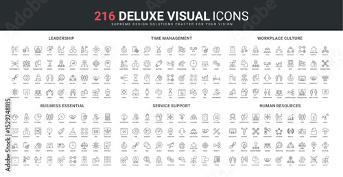 Time management, leadership and business project process monitoring, workplace culture line icon set. HR development, customer support service in chat thin black outline symbols vector illustration
