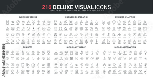 Global trends and vision of business strategy for development and growth line icons set. Process monitoring and analysis, achievement of agreement thin black outline symbols vector illustration
