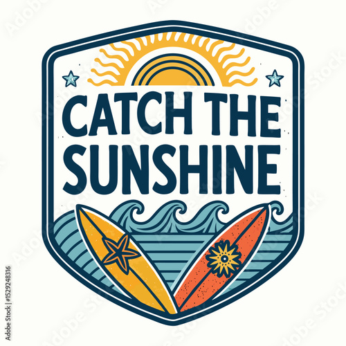 Design a vibrant, wavy badge featuring surfboards catching the sun, ideal for a summer-themed logo. Include retro elements.