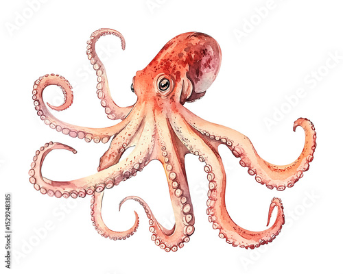 Watercolor ai-generared illustration of a Red Octopus. Isolated on a transparent background