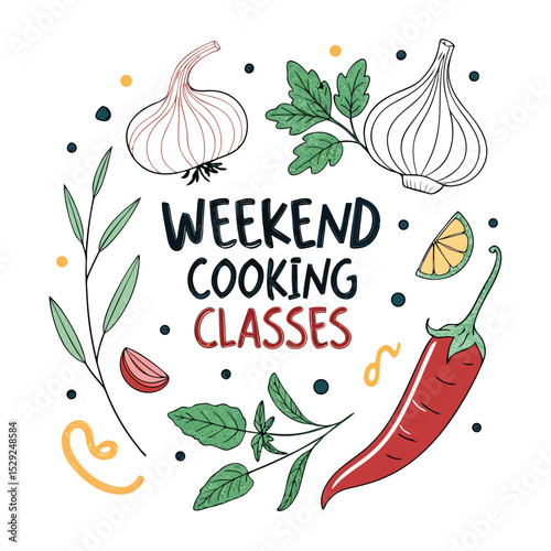 Design a vibrant banner advertising weekend cooking classes, featuring fresh garlic and chili peppers.  Include appetizing food imagery.
