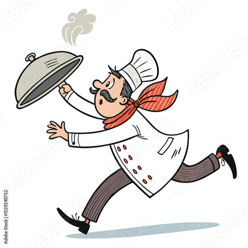 A whimsical retro chef in a striped apron frantically chases a runaway pot lid, comical chaos ensues in a vibrant 1950s kitchen.