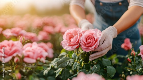 Fototapeta Naklejka Na Ścianę i Meble -  Hands Gently Picking Fresh Pink Roses In a Flower Field During Sunny Day