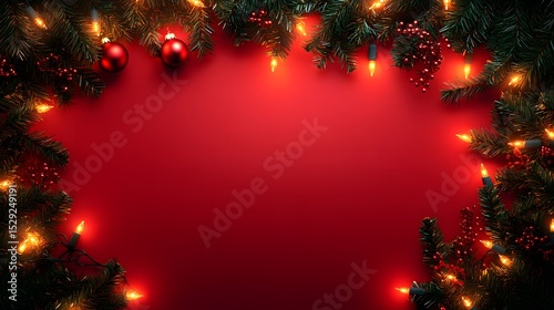 Christmas garland and lights decorated with red background for holiday celebration create a cheerful and festive atmosphere, perfect for seasonal designs
