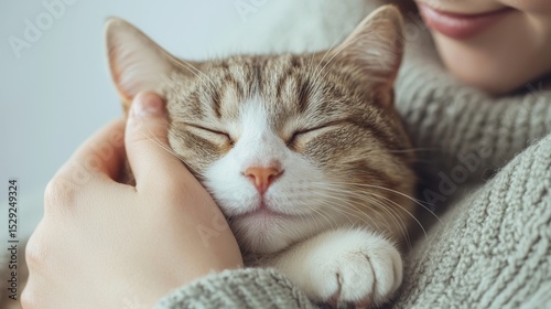 Happy Cat Snuggled in Comfortable Embrace of a Person Wearing Warm Sweater in Soft Indoor Light