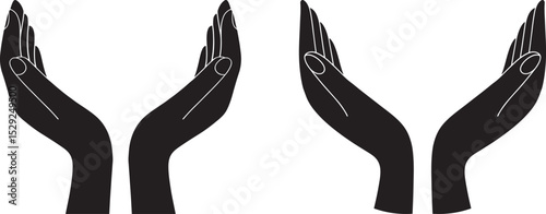 Two hands in a protective gesture, representing care and support. Simple black and white silhouette image of two hands