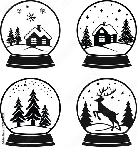 Four Christmas Snow Globes with Winter Scenes