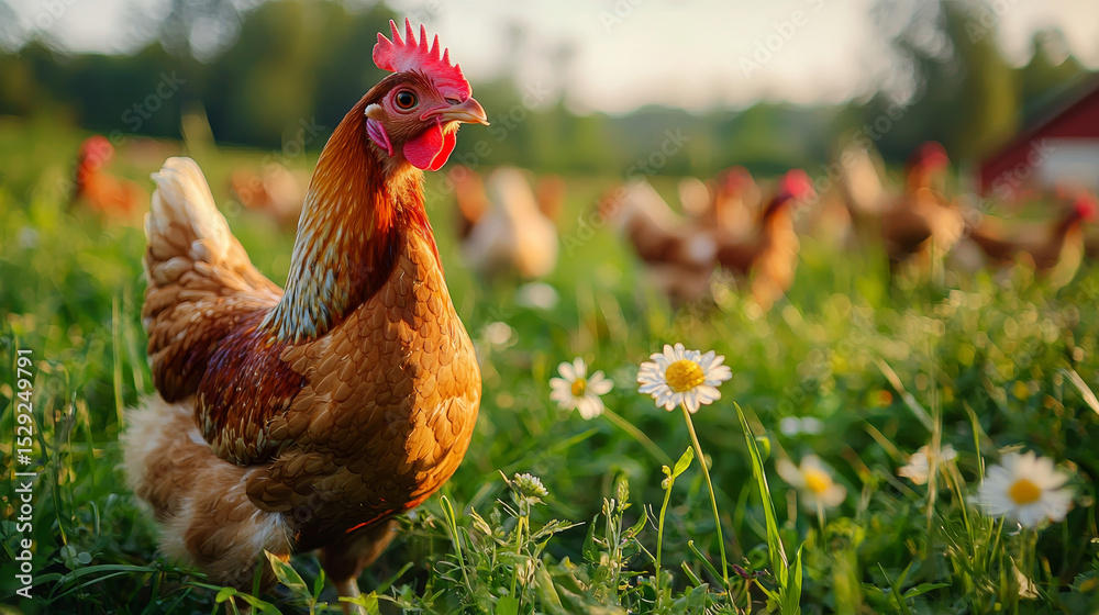 Fototapeta premium farmer nurtures free-range chickens in a sustainable, nature-friendly farming environment