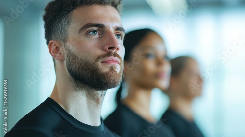 Young Man with Beard and Two Women in Fitness Attire in Modern Gym Setting, Engaged in Workout Preparation