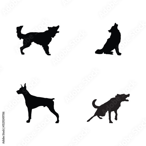Black silhouette vector set of guard dogs in barking and alert poses. Great for security signs, watchdog branding, and protective dog-themed graphics and educational illustrations.