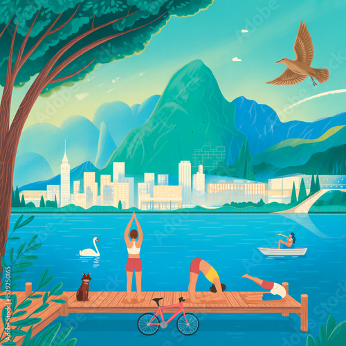 A digital illustration of a serene lakeside scene with a city skyline in the background