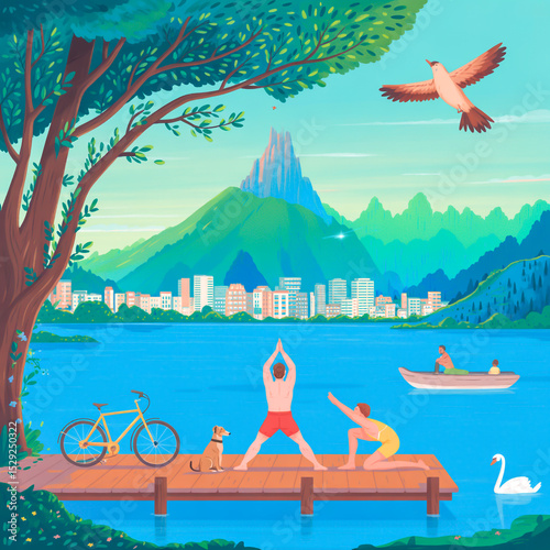 A digital illustration of a serene lakeside scene with a city skyline in the background