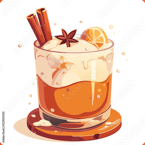 Glass of eggnog with ice cubes, cinnamon stick and star anise, festive holiday drink in vector style on white background. Vector illustration of traditional cocktail on white background