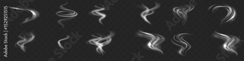 Realistic white cloud or fire smoke in the sky and vector weather element on transparent background. Chimney smoke, fog wave or cloud pattern with overlay effect. Cloud art or smoky air illustration.