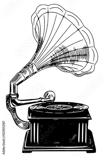 Vector art of vintage gramophone with a flaring horn, isolated on transparent background vector silhouette