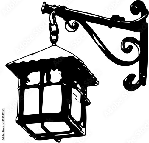 Vector art of ornate lantern hanging from a scrolled bracket, isolated on transparent background vector silhouette