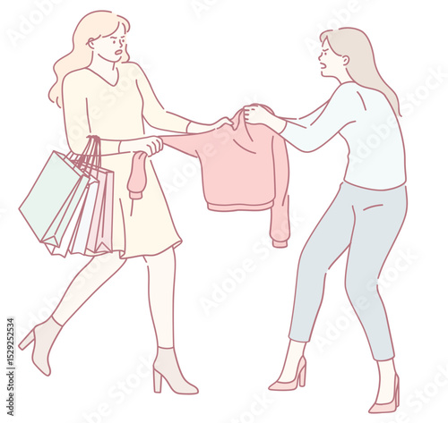 Two fashionable women are engaged in an animated debate over a chic clothing piece that both desire