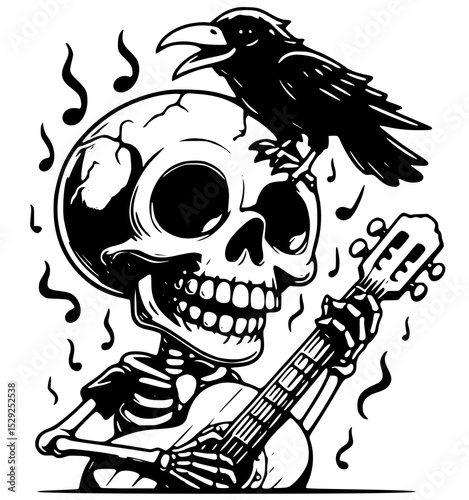 Vector art of a skeletal musician serenades the night with a raven perched atop his skull, isolated on transparent background vector silhouette