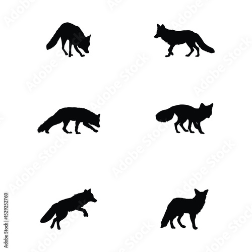 Black fox silhouette set featuring walking, sitting, and standing poses. Ideal for forest themes, wildlife artwork, educational material, nature logos, and vector animal clipart design. photo