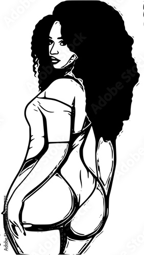 Vector art of sultry woman with voluminous afro glances over her shoulder, isolated on transparent background vector silhouette