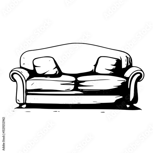 Vector art of comfortable couch isolated on transparent background, a cozy furniture piece in black and white, vector silhouette