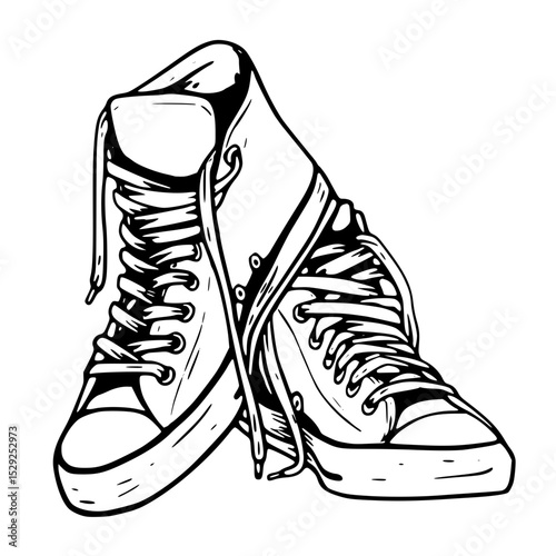Vector art of two monochrome sneakers with untied laces, isolated on transparent background vector silhouette