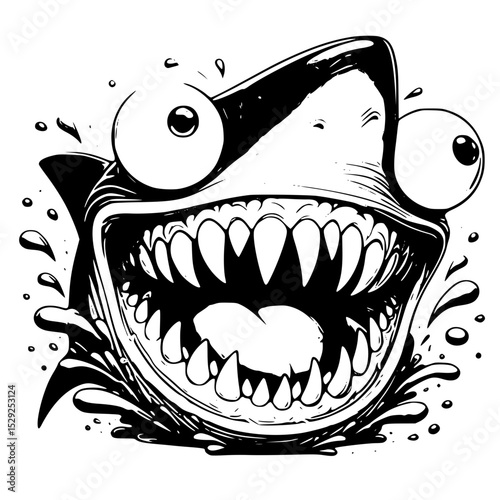Vector art of cartoonish shark with exaggerated eyes and menacing teeth, isolated on transparent background vector silhouette