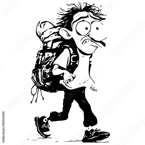Vector art of cartoonish boy with bulging eyes trudges along with a heavy backpack, isolated on transparent background vector silhouette