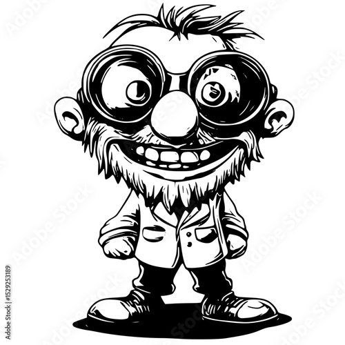 Vector art of cartoonish mad scientist with oversized glasses and a wide grin, isolated on transparent background vector silhouette