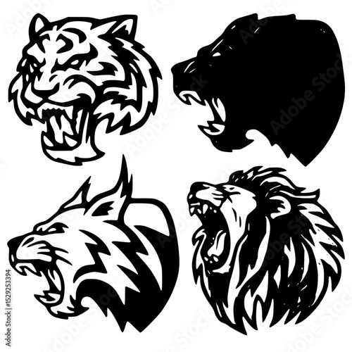 Vector art of roaring tiger, bear, wolf, and lion heads isolated on transparent background, fierce animal portraits vector silhouette