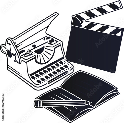 Black 3D movie clapper board icon on a laptop screen with film and camera symbols, perfect for business video and cinema design