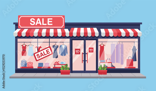 Offline shop building exterior, payment in store. Business commerce. Small shop in house. Vector flat illustration