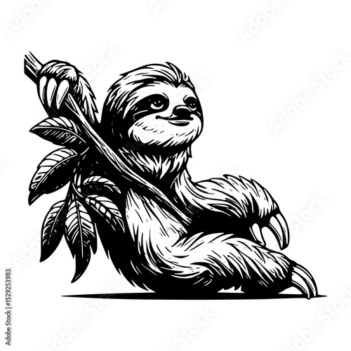 Vector art of smiling sloth clinging to a leafy branch, isolated on transparent background, in black and white vector silhouette