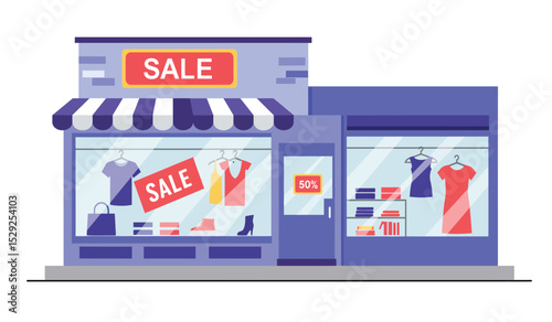 Offline shop building exterior, payment in store. Business commerce. Small shop in house. Vector flat illustration