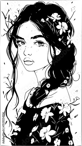 Vector art of floral adorned maiden with braided hair, isolated on transparent background vector silhouette