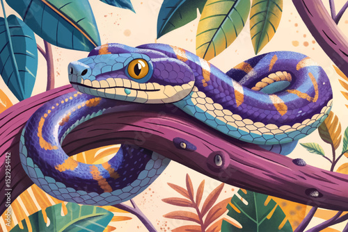 Vector illustration of a snake coiled around a jungle branch ideal for wildlife designs, tropical forest themes, and reptile-focused educational visuals