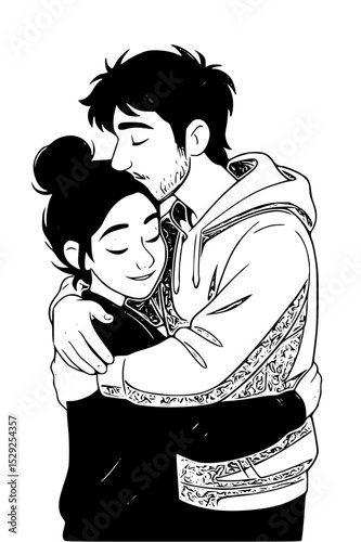 Vector art of loving embrace of a couple, the man kissing the womans forehead, isolated on transparent background vector silhouette